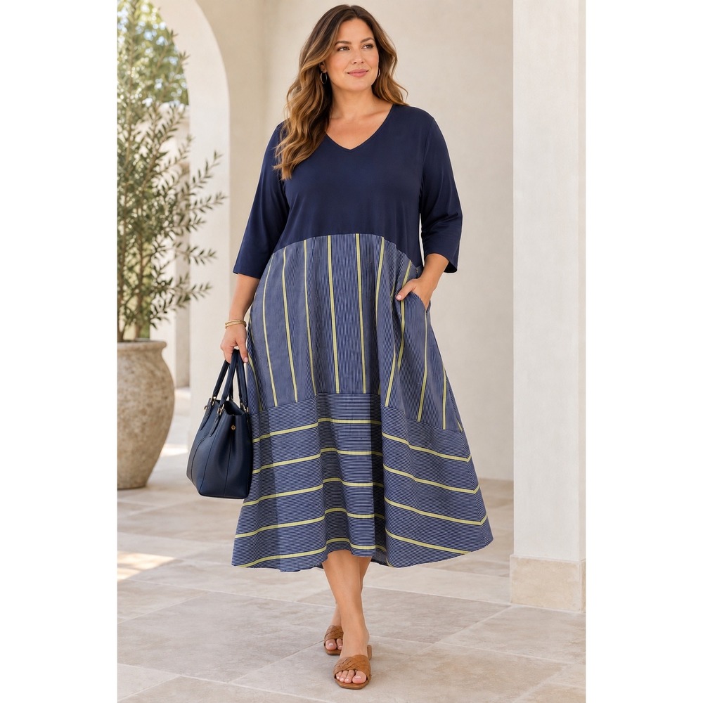 PURE BY ULLA POPKEN Fit & Flare Dress 24/26 NEW Mixed Media Striped Pockets Navy